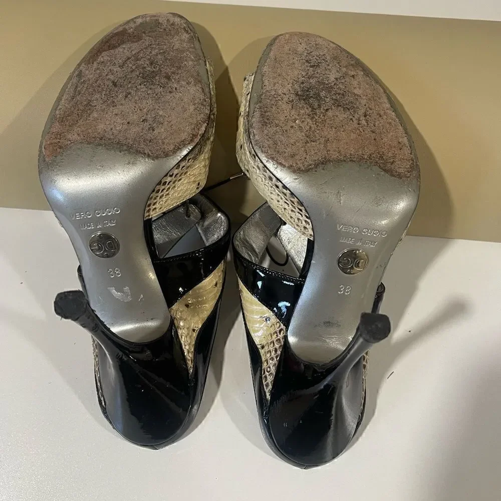 Dolce & Gabbana Snakeskin and Patent Leather Open Toe Heels